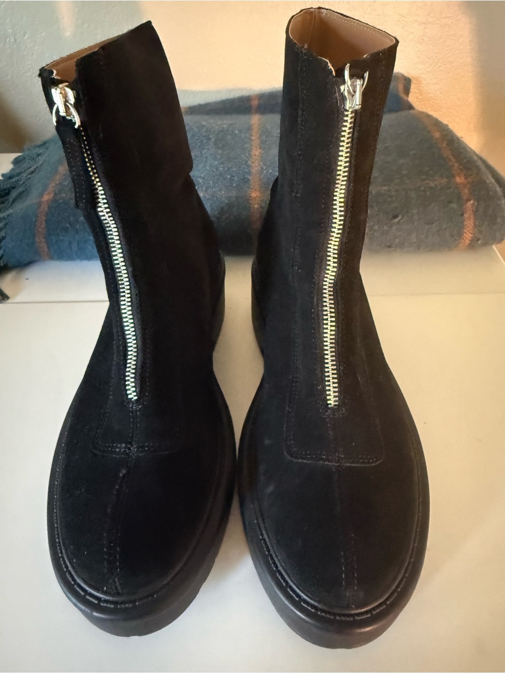 Steve Madden Black Suede Front-Zip Platform Ankle Booties